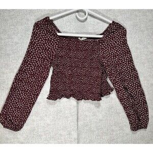 Copper Key Smocked Floral Crop Top Junior Size Large Puff Sleeves Red